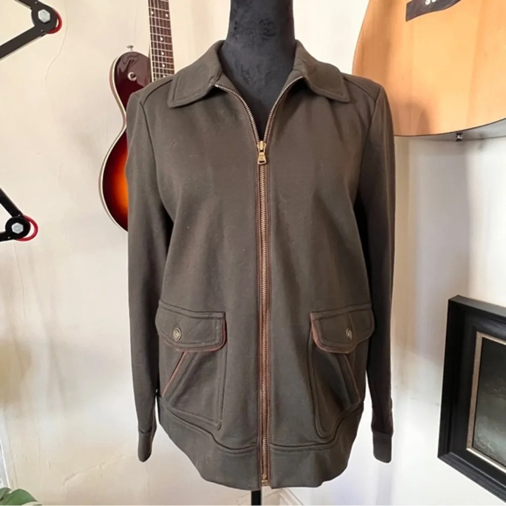 Ralph Lauren 100% Cotton Olive Knit Jacket, Brass Details - Size Petite Medium